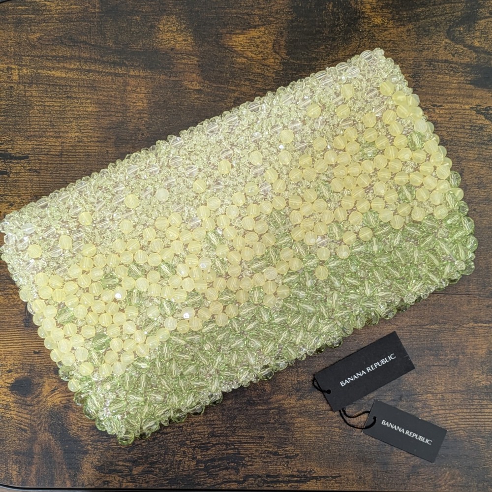 Banana Republic Heavy Hand Beaded Envelope Clutch Purse Pale Lime Ombre‎ 2012 - Picture 2 of 9